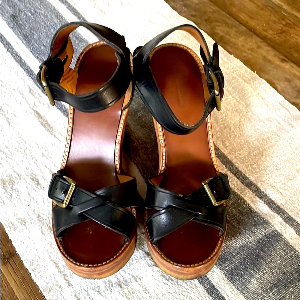 ISABEL MARANT Paris Black Leather Handy Wood Wedge Buckle BOHO Sandals 10 RARE! - Picture 6 of 8